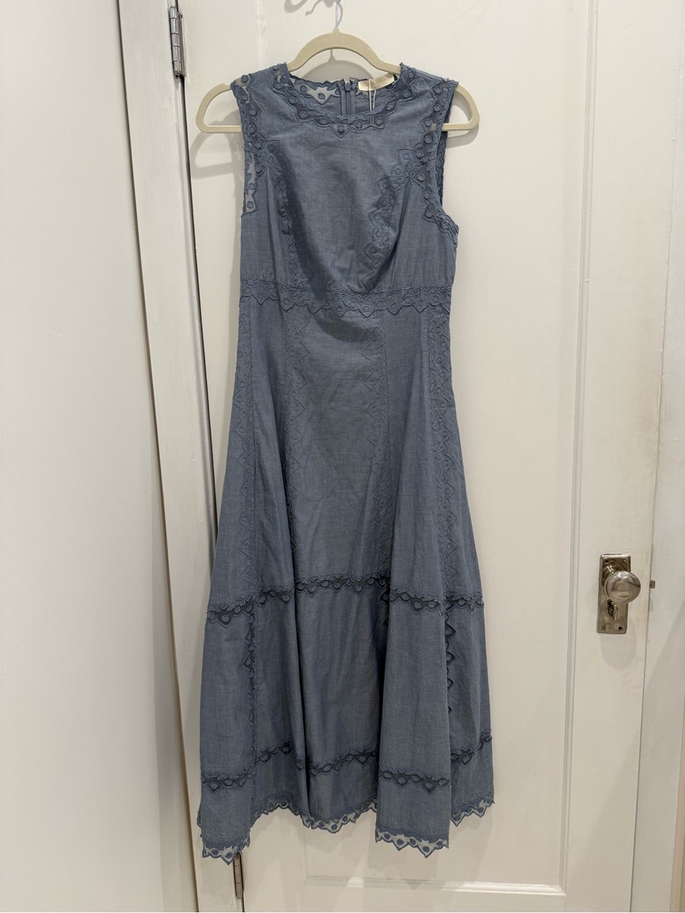 Ulla Johnson Anela Chambray Sleeveless Midi Dress with Lace Insets - Picture 9 of 9
